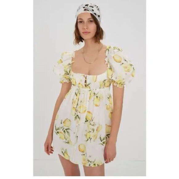 For Love And Lemons Dresses & Skirts - NWT For Love & Lemons Serafina Babydoll Open Back Strap Lemon White Mini Large